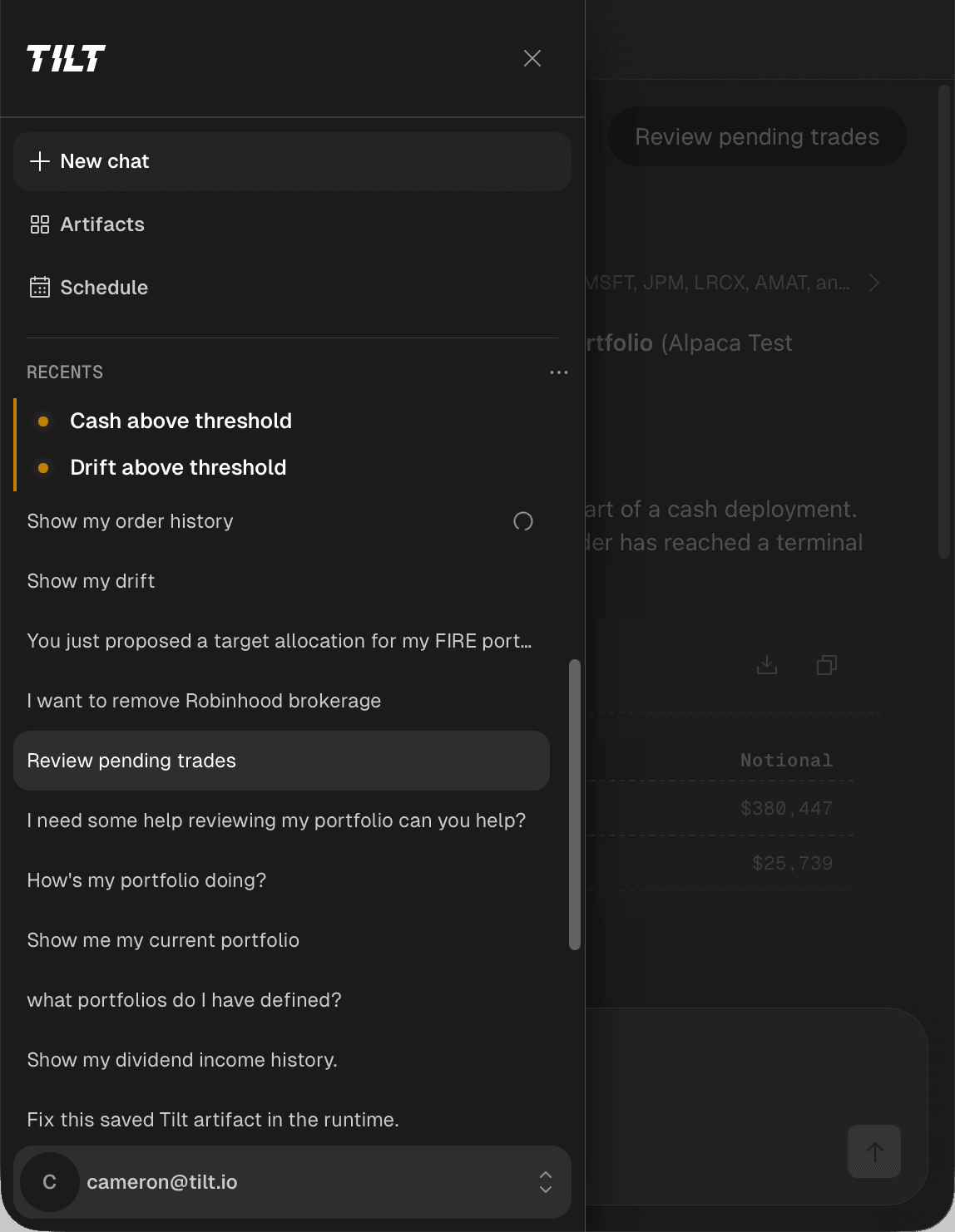 Tilt reviewing pending trades with recent FIRE portfolio conversations in the sidebar.