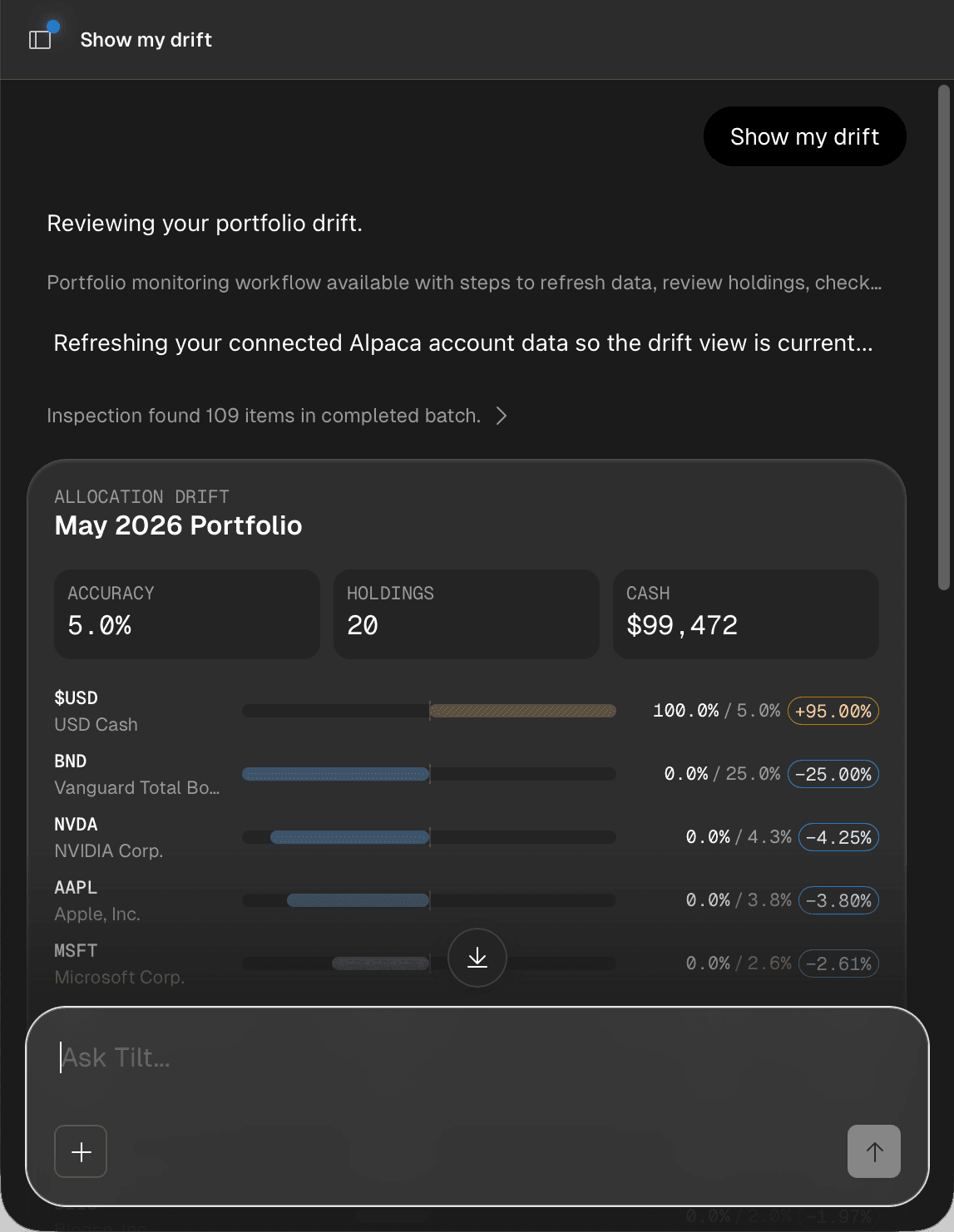 Tilt showing allocation drift for a connected Alpaca FIRE portfolio.